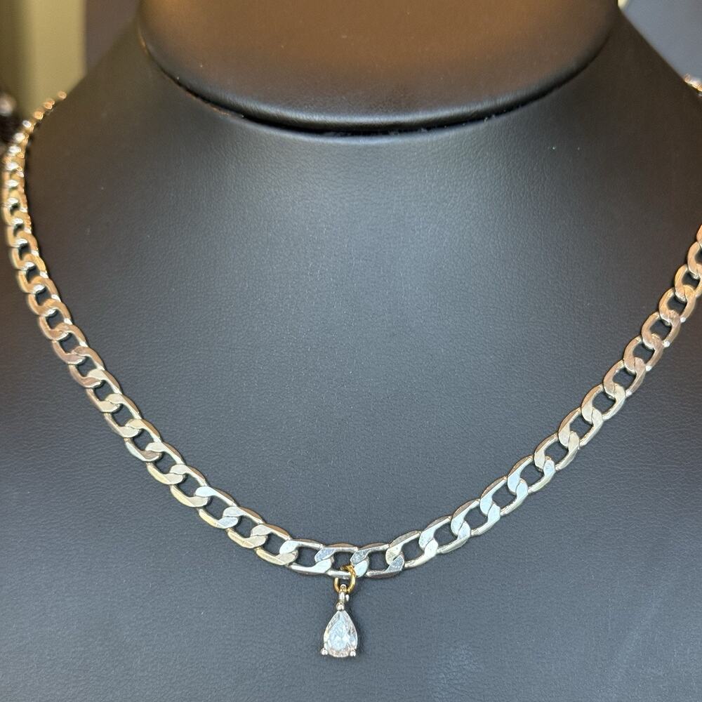 Artizan Joyeria Curb Chain Necklace Silver Tone GoldTone Tear Drop Pendant Charm